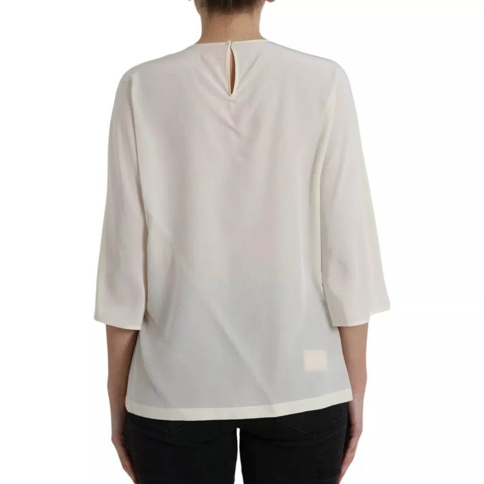 Dolce & Gabbana White Silk Crystal 3/4 Sleeves Blouse Top - Hilstor