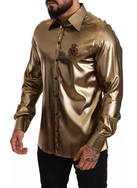 Dolce & Gabbana Metallic Gold DG Embroidered Crown Silk Top Shirt - Hilstor