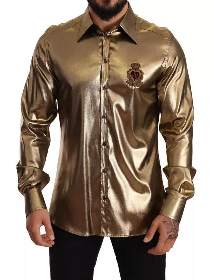 Dolce & Gabbana Metallic Gold DG Embroidered Crown Silk Top Shirt - Hilstor