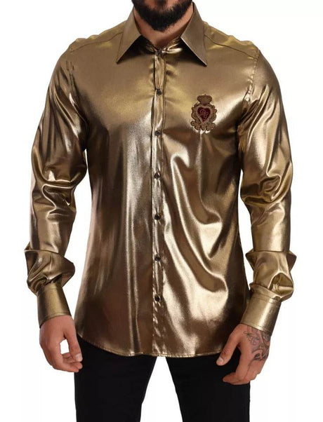 Dolce & Gabbana Metallic Gold DG Embroidered Crown Silk Top Shirt - Hilstor
