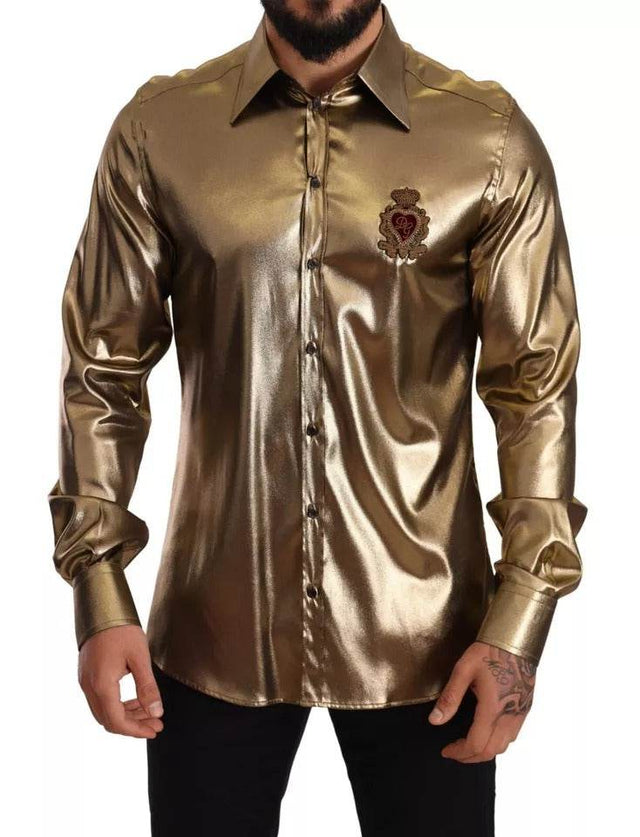 Dolce & Gabbana Metallic Gold DG Embroidered Crown Silk Top Shirt - Hilstor