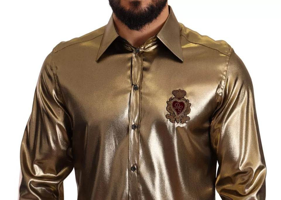 Dolce & Gabbana Metallic Gold DG Embroidered Crown Silk Top Shirt - Hilstor