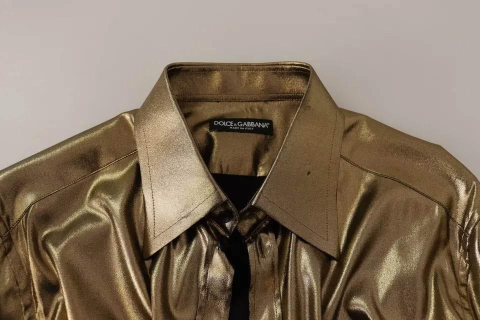 Dolce & Gabbana Metallic Gold DG Embroidered Crown Silk Top Shirt - Hilstor