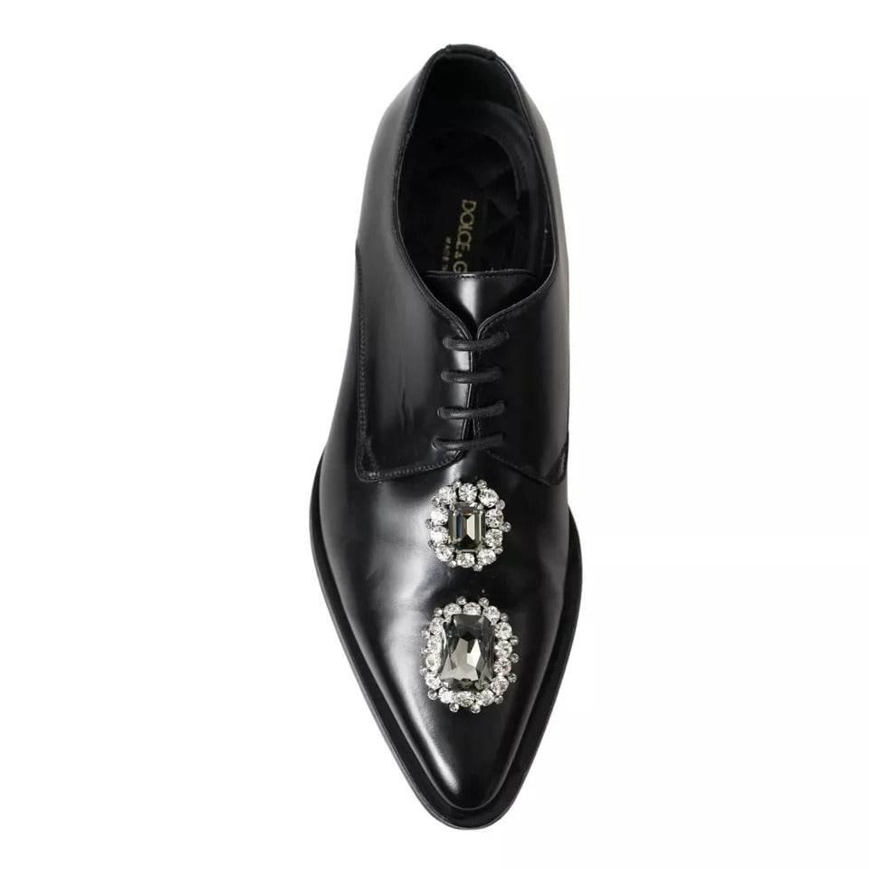 Dolce & Gabbana Black Leather Crystal Lace Up Formal Shoes - Hilstor