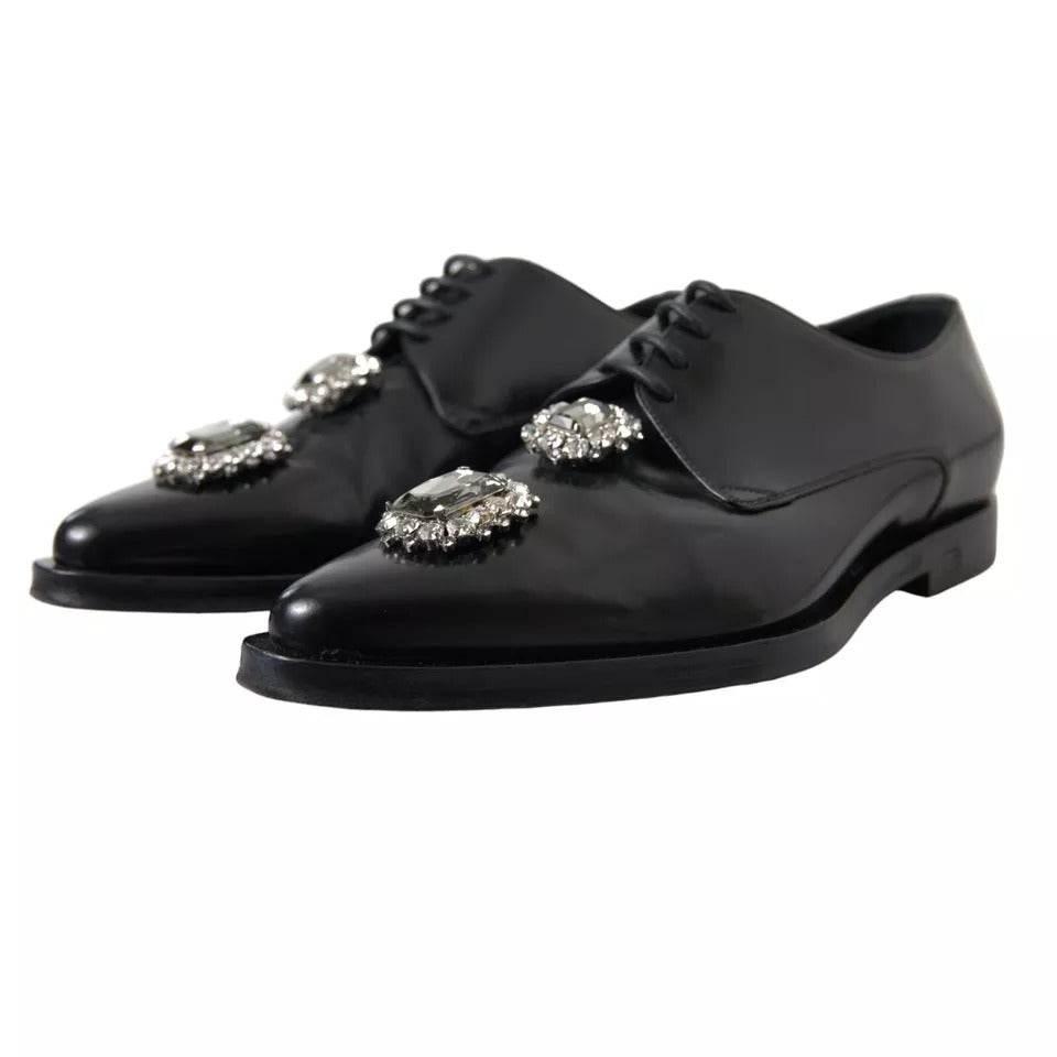 Dolce & Gabbana Black Leather Crystal Lace Up Formal Shoes - Hilstor