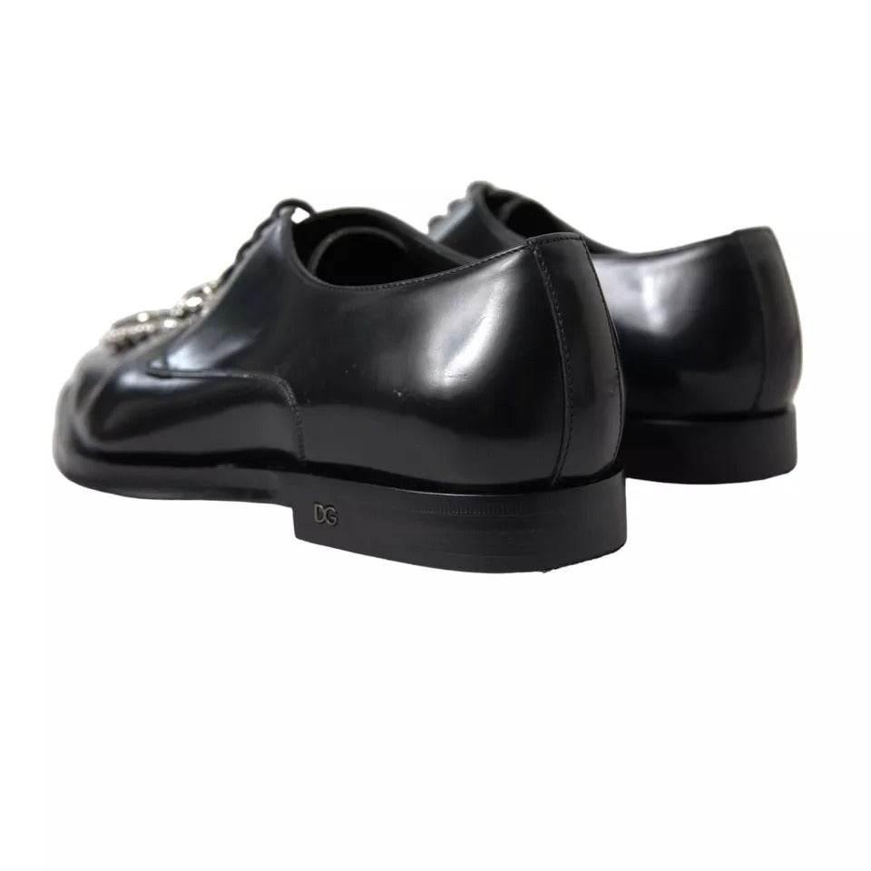 Dolce & Gabbana Black Leather Crystal Lace Up Formal Shoes - Hilstor