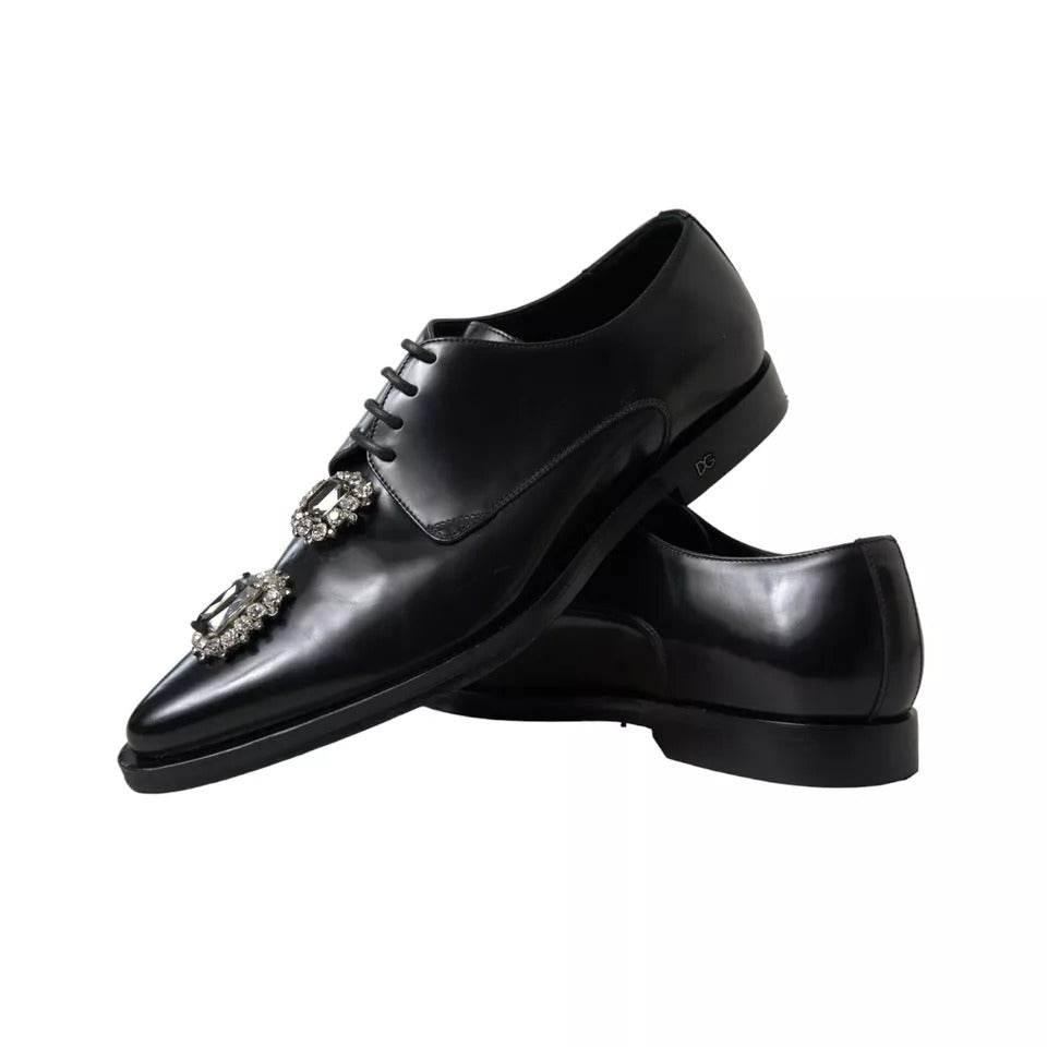 Dolce & Gabbana Black Leather Crystal Lace Up Formal Shoes - Hilstor