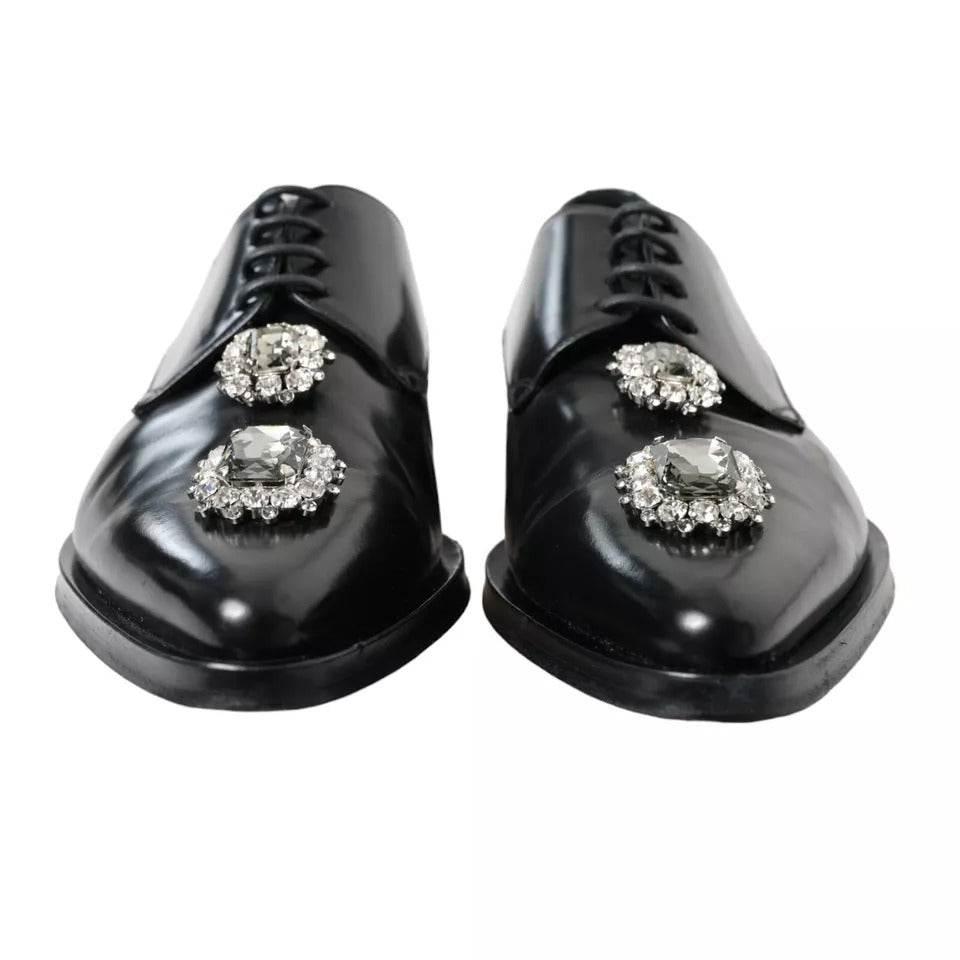 Dolce & Gabbana Black Leather Crystal Lace Up Formal Shoes - Hilstor