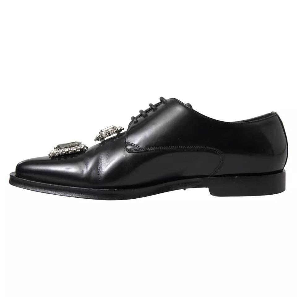 Dolce & Gabbana Black Leather Crystal Lace Up Formal Shoes - Hilstor