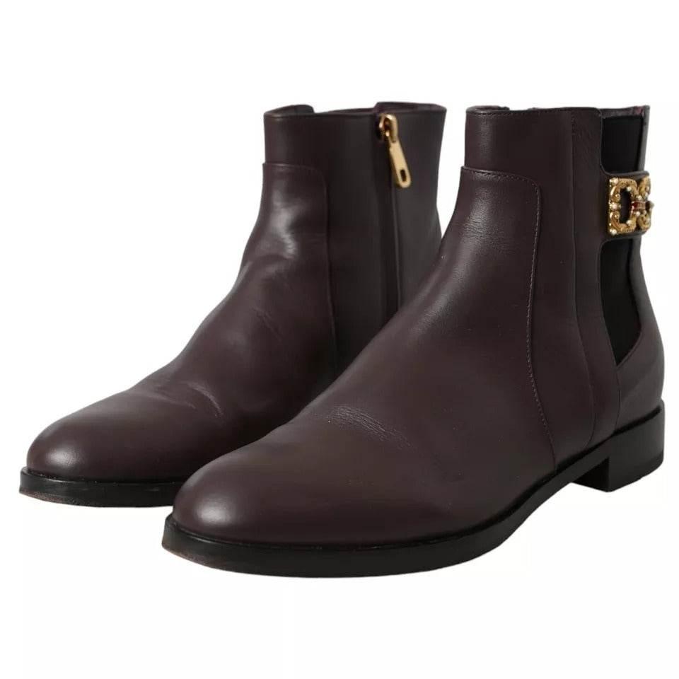 Dolce & Gabbana Brown Leather AMORE Flats Ankle Boots Shoes - Hilstor