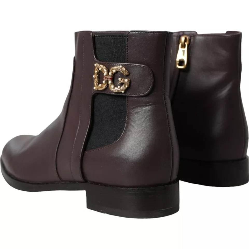 Dolce & Gabbana Brown Leather AMORE Flats Ankle Boots Shoes - Hilstor