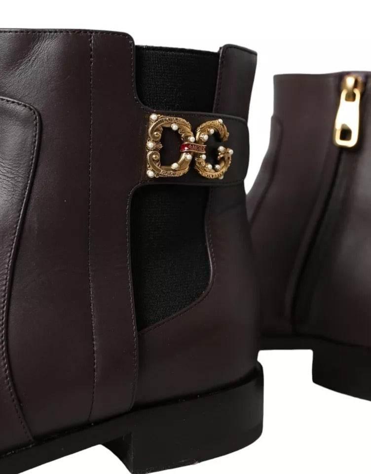 Dolce & Gabbana Brown Leather AMORE Flats Ankle Boots Shoes - Hilstor