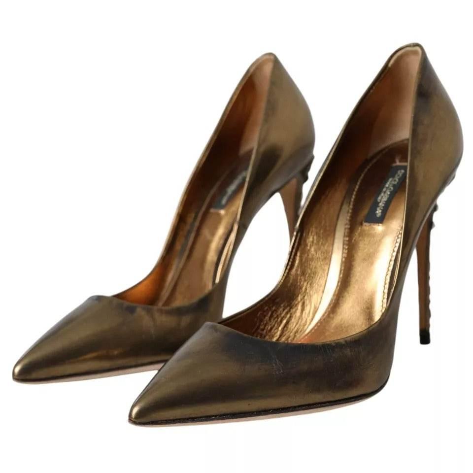 Dolce & Gabbana Bronze Leather Embellished Heels Pumps Shoes - Hilstor