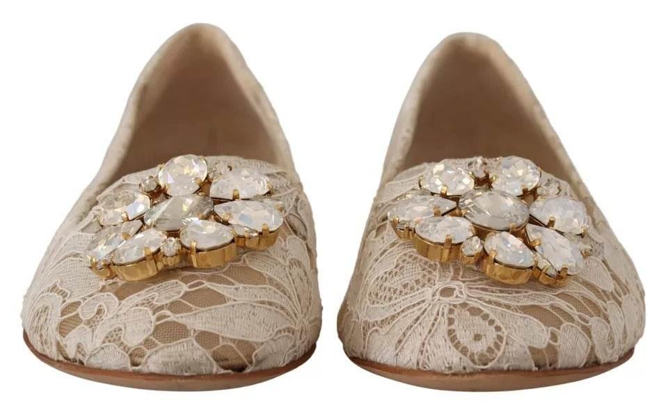 Dolce & Gabbana Beige Lace Crystal Ballet Flats Loafers Shoes - Hilstor