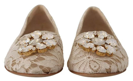 Dolce & Gabbana Beige Lace Crystal Ballet Flats Loafers Shoes - Hilstor