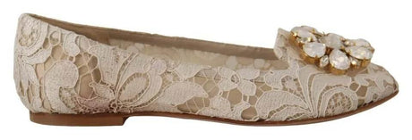 Dolce & Gabbana Beige Lace Crystal Ballet Flats Loafers Shoes - Hilstor