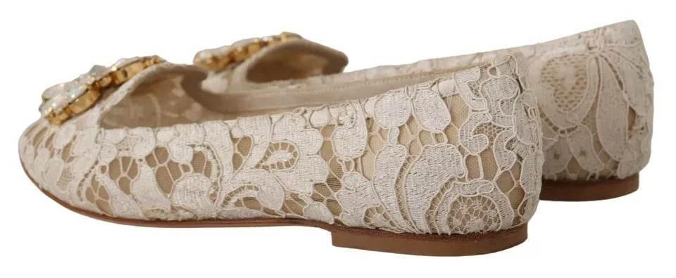 Dolce & Gabbana Beige Lace Crystal Ballet Flats Loafers Shoes - Hilstor