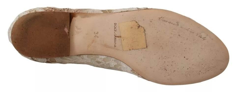 Dolce & Gabbana Beige Lace Crystal Ballet Flats Loafers Shoes - Hilstor