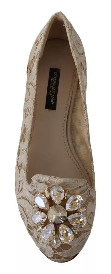 Dolce & Gabbana Beige Lace Crystal Ballet Flats Loafers Shoes - Hilstor