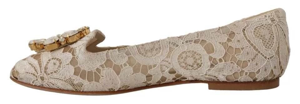 Dolce & Gabbana Beige Lace Crystal Ballet Flats Loafers Shoes - Hilstor