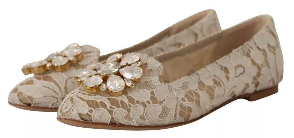 Dolce & Gabbana Beige Lace Crystal Ballet Flats Loafers Shoes - Hilstor