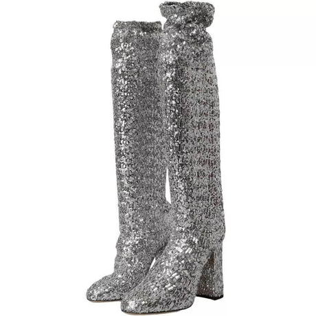 Dolce & Gabbana Silver Sequined High Boots Stretch Shoes - Hilstor