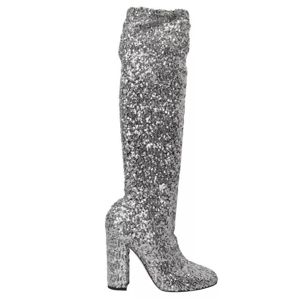 Dolce & Gabbana Silver Sequined High Boots Stretch Shoes - Hilstor