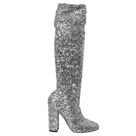 Dolce & Gabbana Silver Sequined High Boots Stretch Shoes - Hilstor