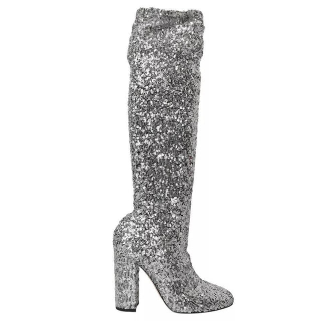 Dolce & Gabbana Silver Sequined High Boots Stretch Shoes - Hilstor