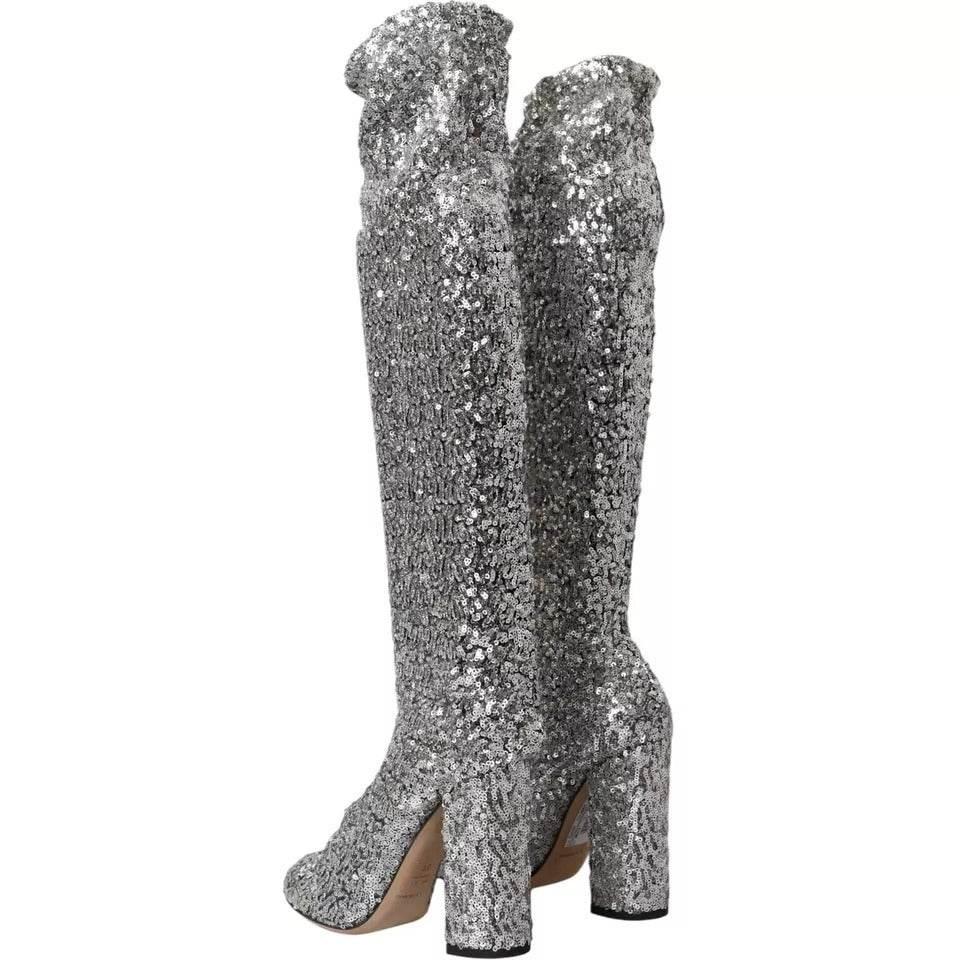 Dolce & Gabbana Silver Sequined High Boots Stretch Shoes - Hilstor