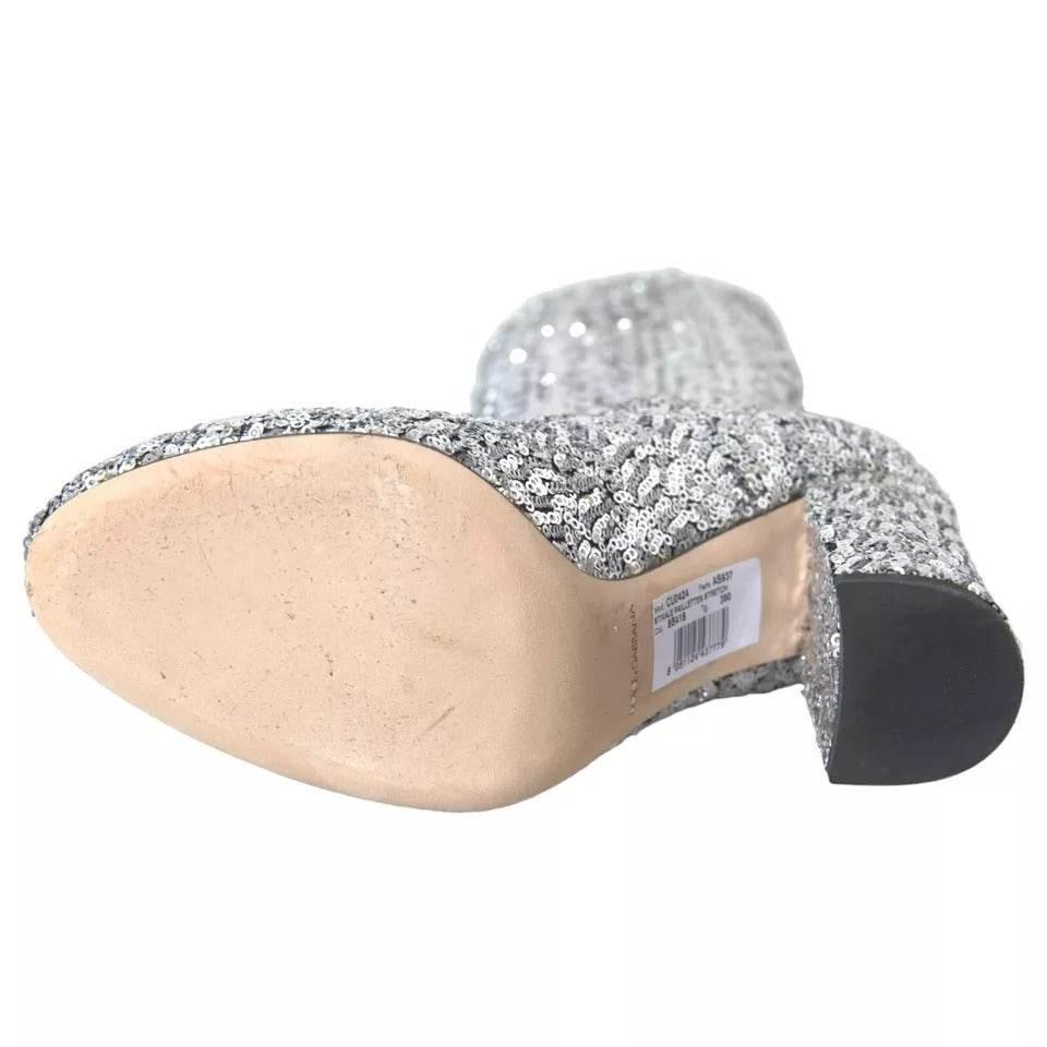 Dolce & Gabbana Silver Sequined High Boots Stretch Shoes - Hilstor