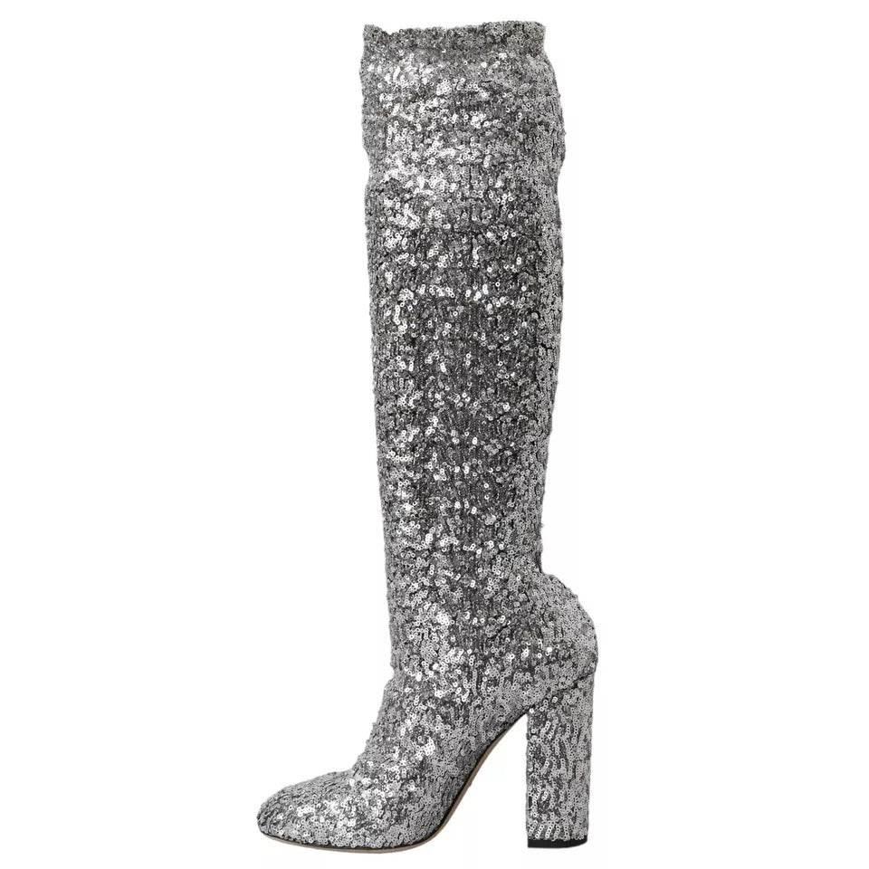 Dolce & Gabbana Silver Sequined High Boots Stretch Shoes - Hilstor