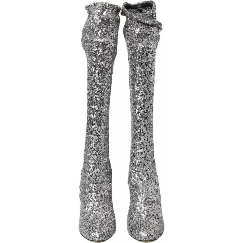 Dolce & Gabbana Silver Sequined High Boots Stretch Shoes - Hilstor