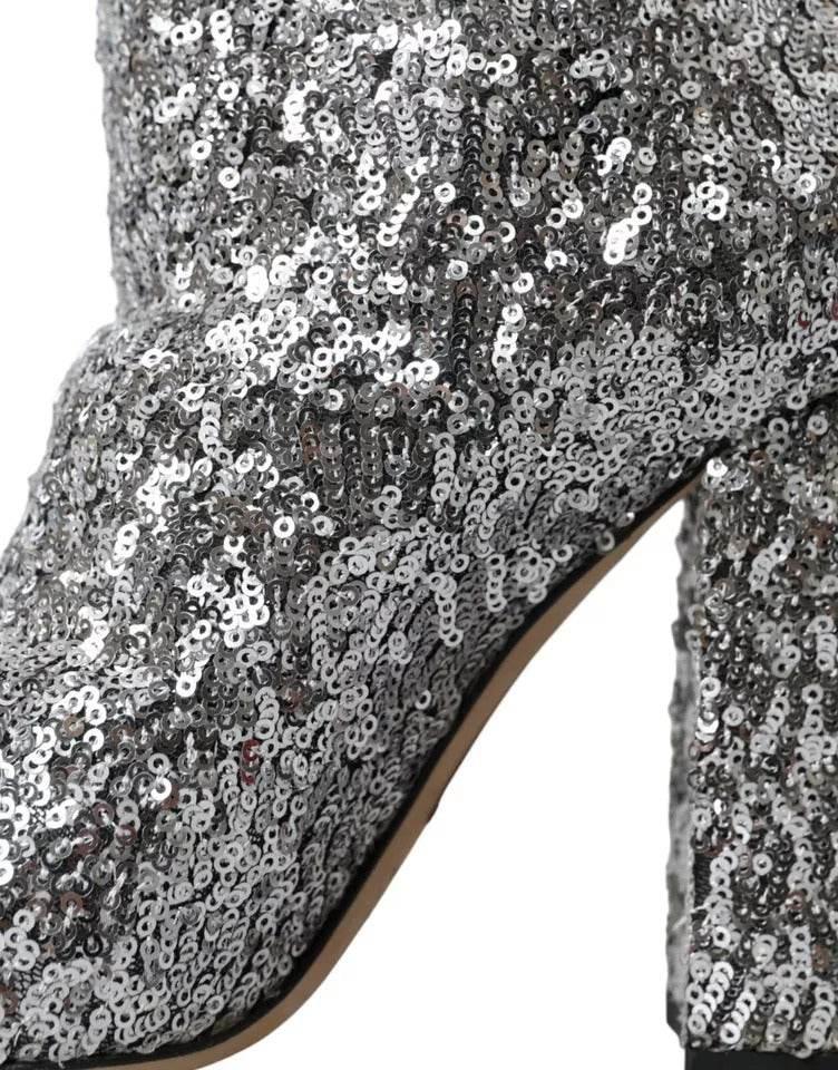Dolce & Gabbana Silver Sequined High Boots Stretch Shoes - Hilstor