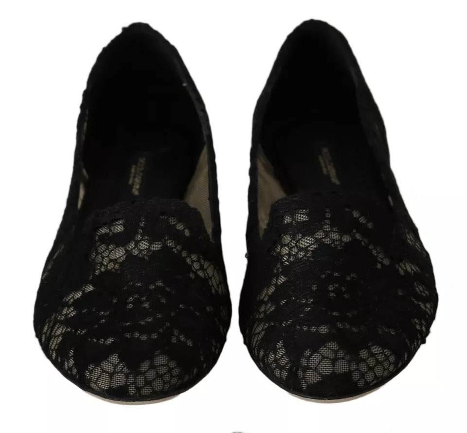 Dolce & Gabbana Black Floral Lace Loafers Flats Shoes - Hilstor