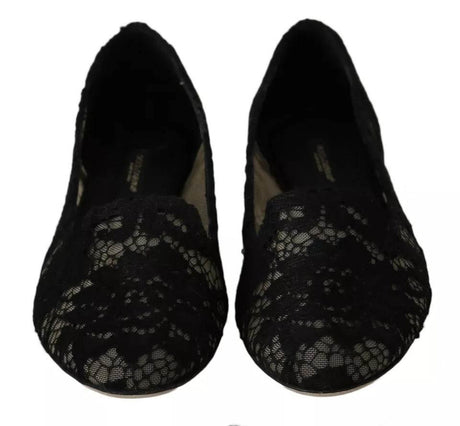 Dolce & Gabbana Black Floral Lace Loafers Flats Shoes - Hilstor