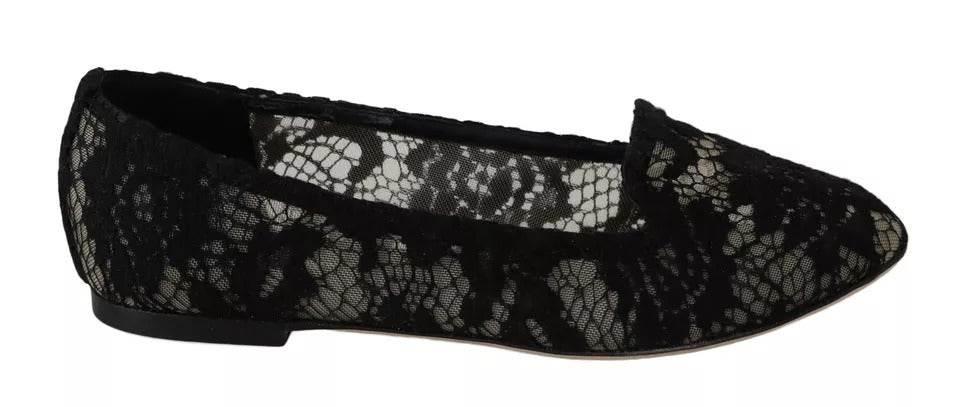Dolce & Gabbana Black Floral Lace Loafers Flats Shoes - Hilstor