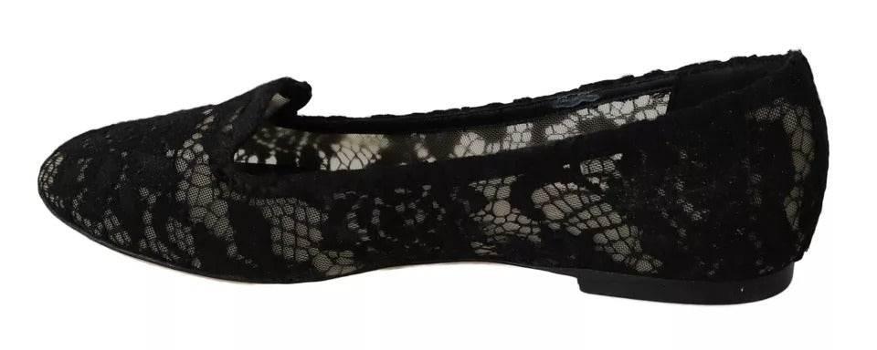 Dolce & Gabbana Black Floral Lace Loafers Flats Shoes - Hilstor