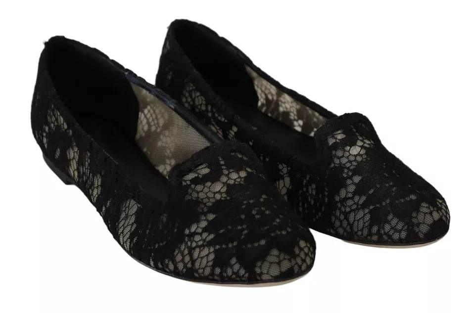 Dolce & Gabbana Black Floral Lace Loafers Flats Shoes - Hilstor