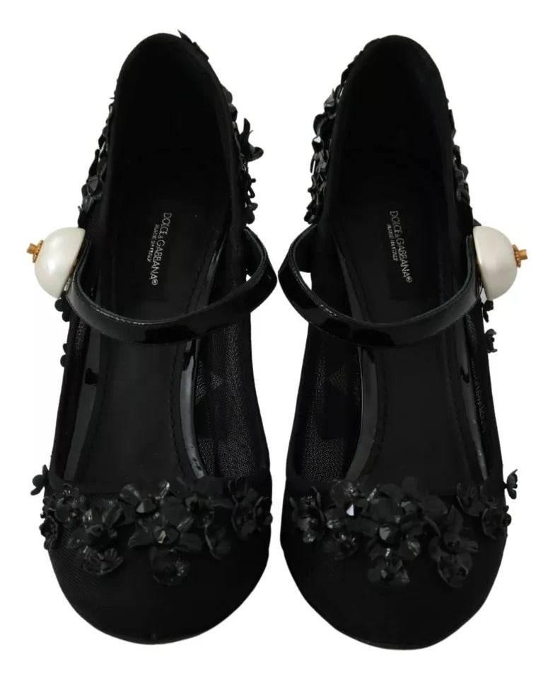 Dolce & Gabbana Black Floral Embellish Heels Mary Janes Pumps Shoes - Hilstor