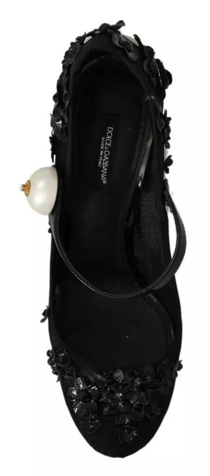 Dolce & Gabbana Black Floral Embellish Heels Mary Janes Pumps Shoes - Hilstor