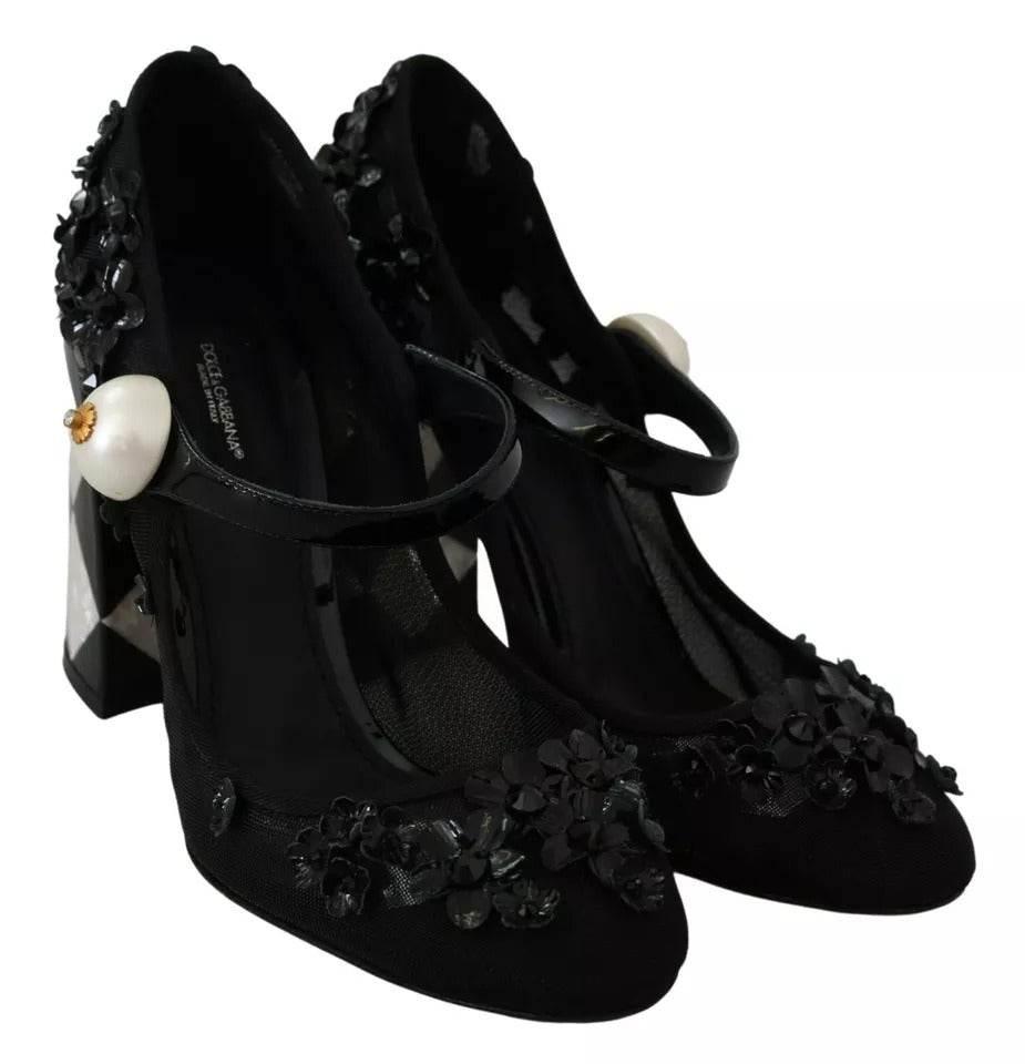 Dolce & Gabbana Black Floral Embellish Heels Mary Janes Pumps Shoes - Hilstor