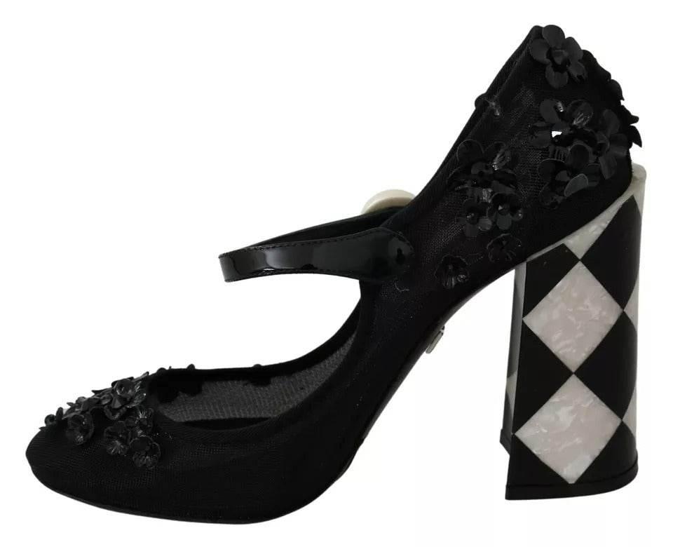 Dolce & Gabbana Black Floral Embellish Heels Mary Janes Pumps Shoes - Hilstor