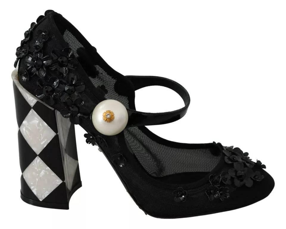 Dolce & Gabbana Black Floral Embellish Heels Mary Janes Pumps Shoes - Hilstor