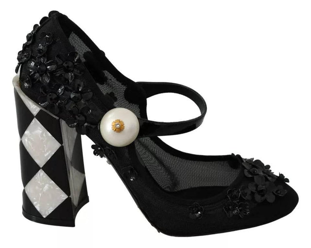 Dolce & Gabbana Black Floral Embellish Heels Mary Janes Pumps Shoes - Hilstor