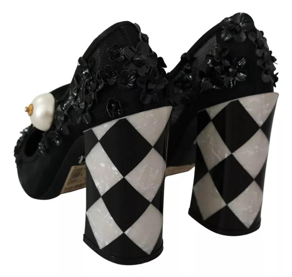 Dolce & Gabbana Black Floral Embellish Heels Mary Janes Pumps Shoes - Hilstor
