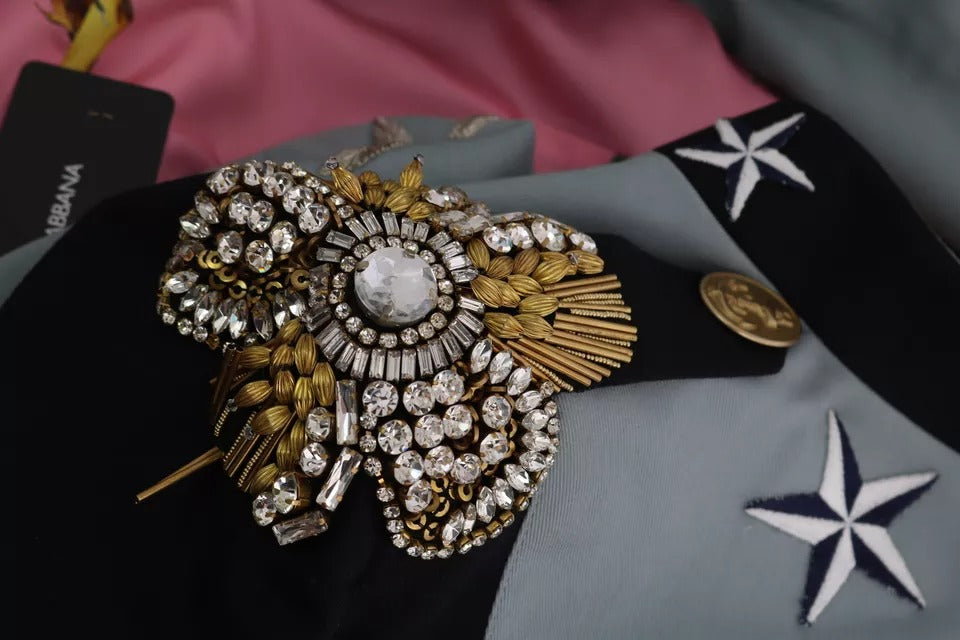 Dolce &amp; Gabbana blå knap krystal udsmykket bomuldsjakke