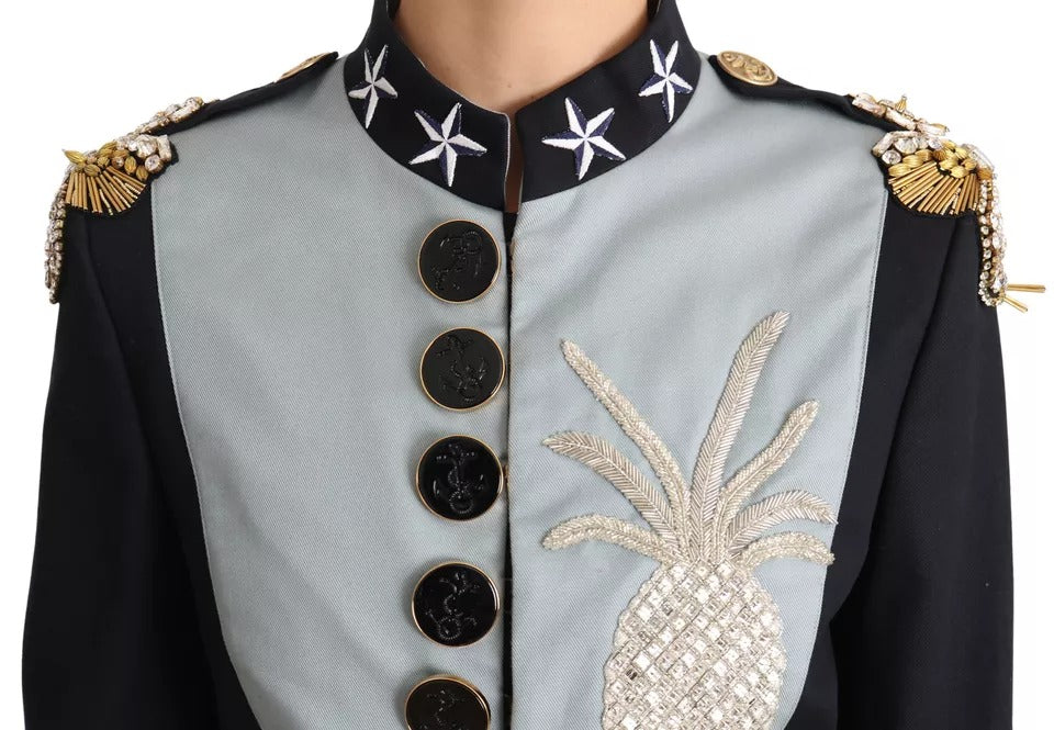 Dolce &amp; Gabbana blå knap krystal udsmykket bomuldsjakke