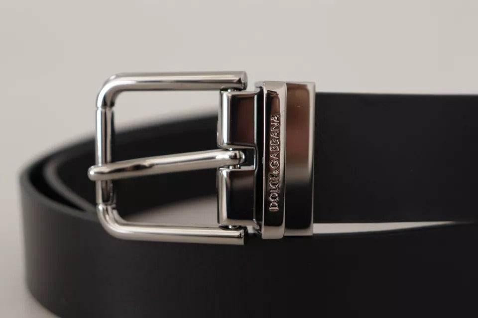 Dolce & Gabbana Black Calf Leather Logo Engraved Metal Buckle Belt - Hilstor