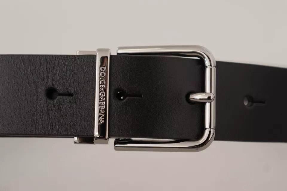 Dolce & Gabbana Black Calf Leather Logo Engraved Metal Buckle Belt - Hilstor